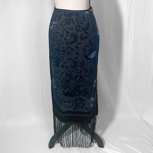 R&K Evening Burnout Velvet Silk Beaded Fringe Midi Skirt Size 10